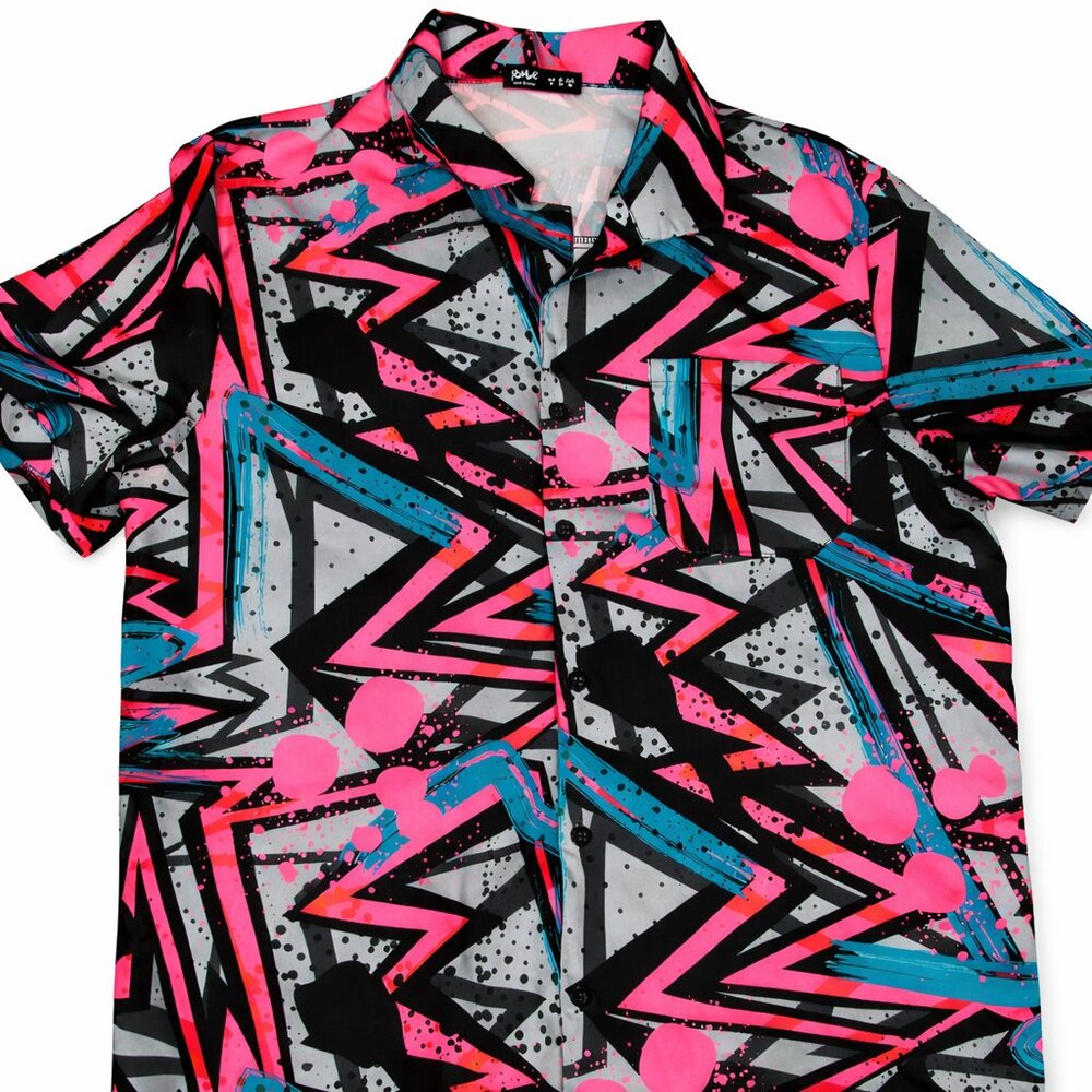 ROMWE Men’s M Neon Abstract Button Up Shirt‎ Retro 80s Graphic Short Sleeve